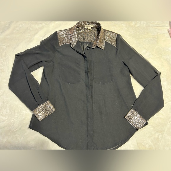 Double Zero Tops - Black Sheer Blouse with Gold Accents